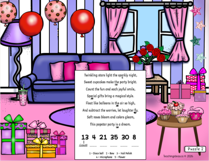 free printable escape room for tweens shows a birthday party scene and a riddle in the middle of the page.