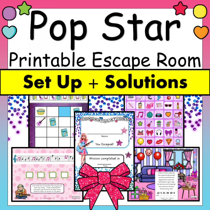 pop star party games shows an image for the printable instructions and solutions for the game.