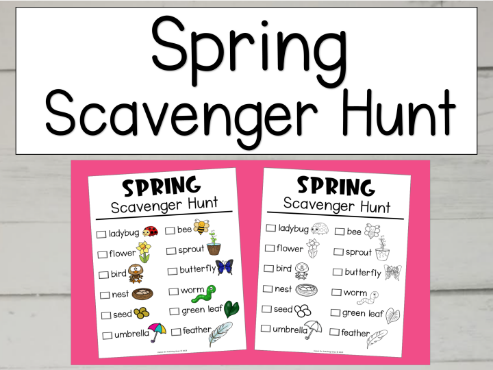 free spring scavenger hunt printable shows an image with the color and black and white copy of the hunt.