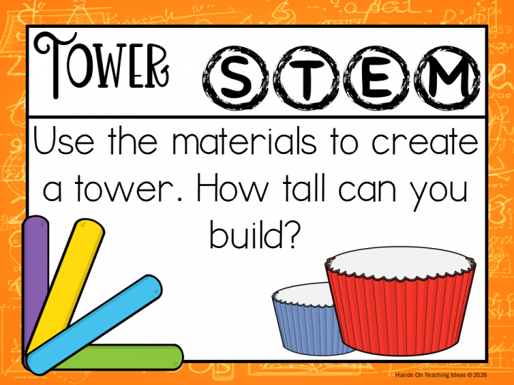 hands on activity for kids shows a task card that says, "Use the materials to create a tower. How tall can you build?"