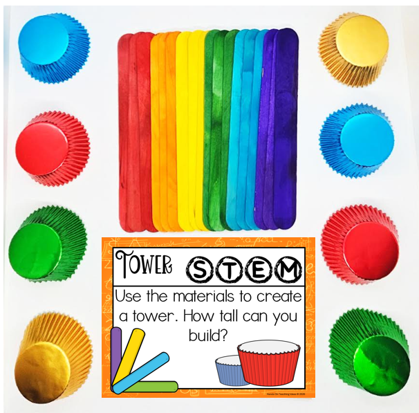 no prep STEM challenge for kids shows the materials needed for the challenge which is cupcake liners and popsicle sticks.