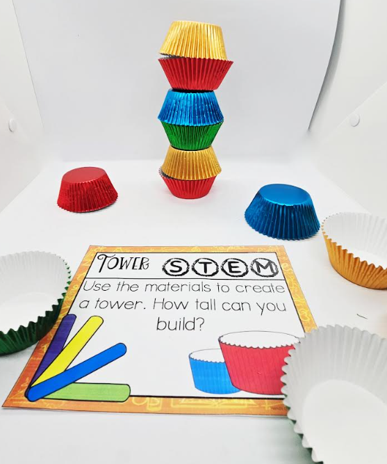 kindergarten activity shows a little tower made from cupcake liners.