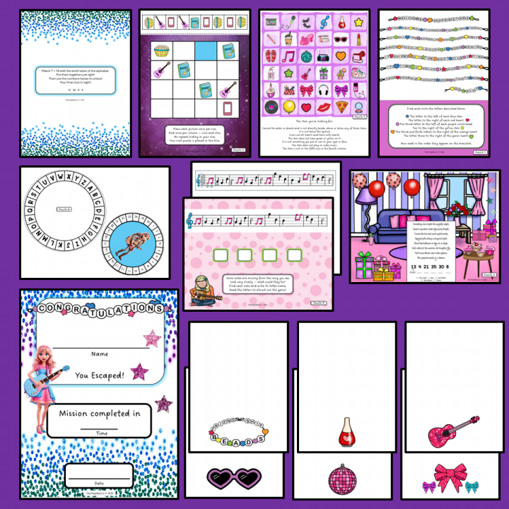 free printable escape room for tweens shows a picture of each of the puzzles in the game.