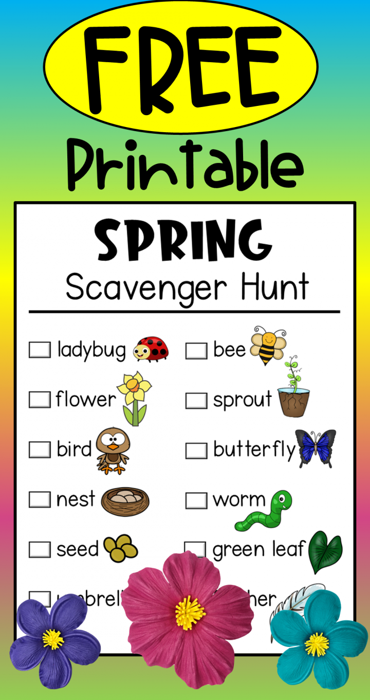 free spring scavenger hunt printable shows a pinterest pin with the hunt on it.