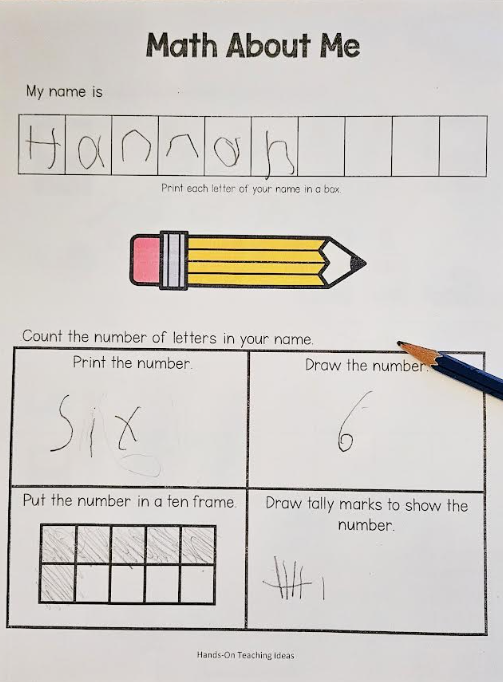 Math About Me shows a printable page for a kindergarten math resource where the child filled out their name and then counted the number of letters in their name.
