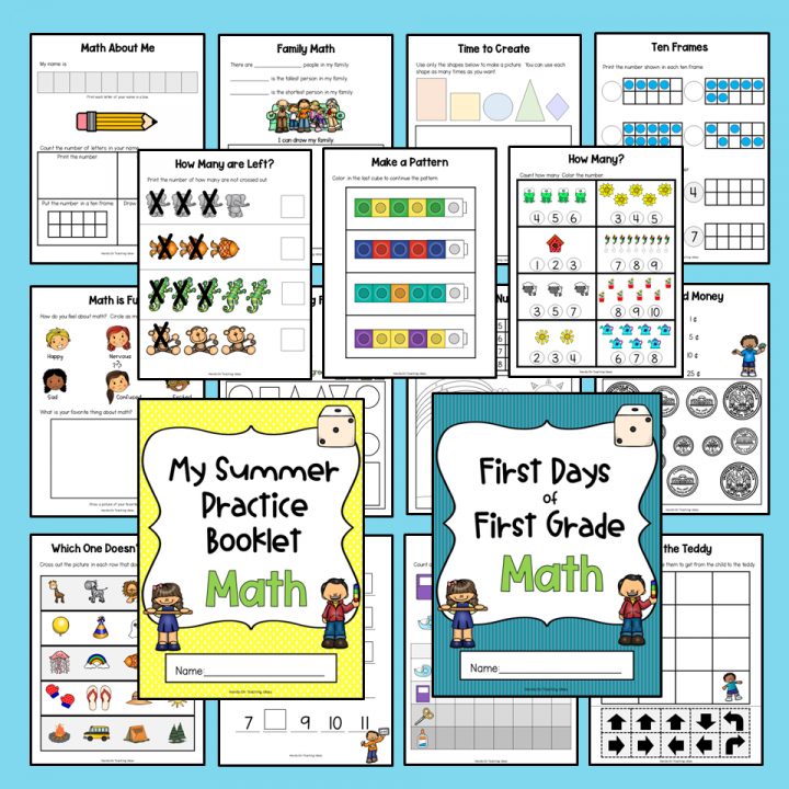 best back to school 1st grade math review shows a collage of the color pages in the math review.