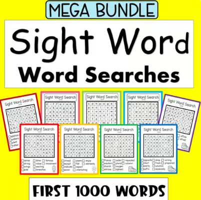 phonics for kids shows a mega bundle of sight word word searches.