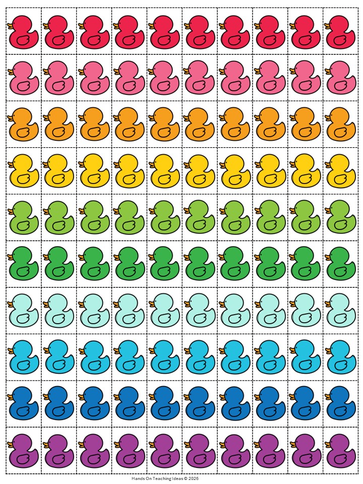 free holiday printable shows a 100 chart each with a mini duck image.