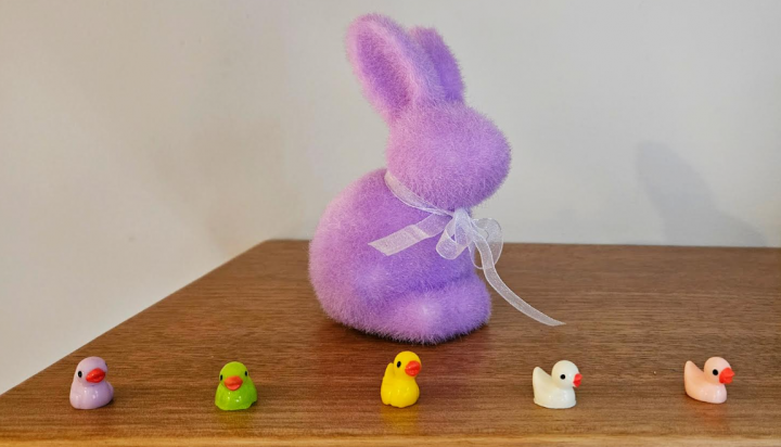 Easter activity for kids shows a fuzzy bunny decoration and five mini ducks lined up in front of it.