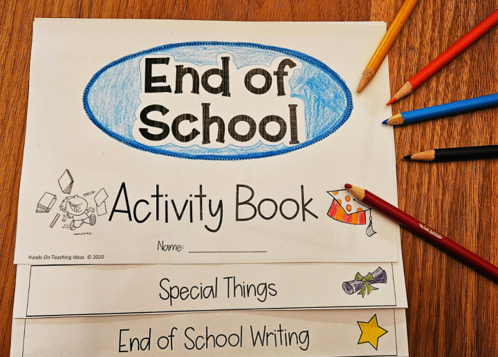 End of school activity book shows a printable flipbook being colored by a child.