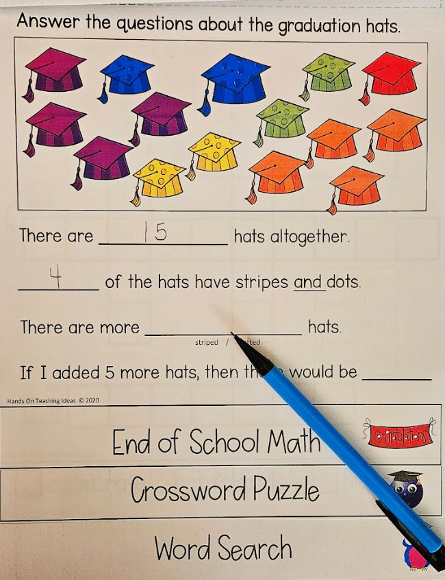 math for young kids shows a page that has various hats that kids count and add with a graduation theme.