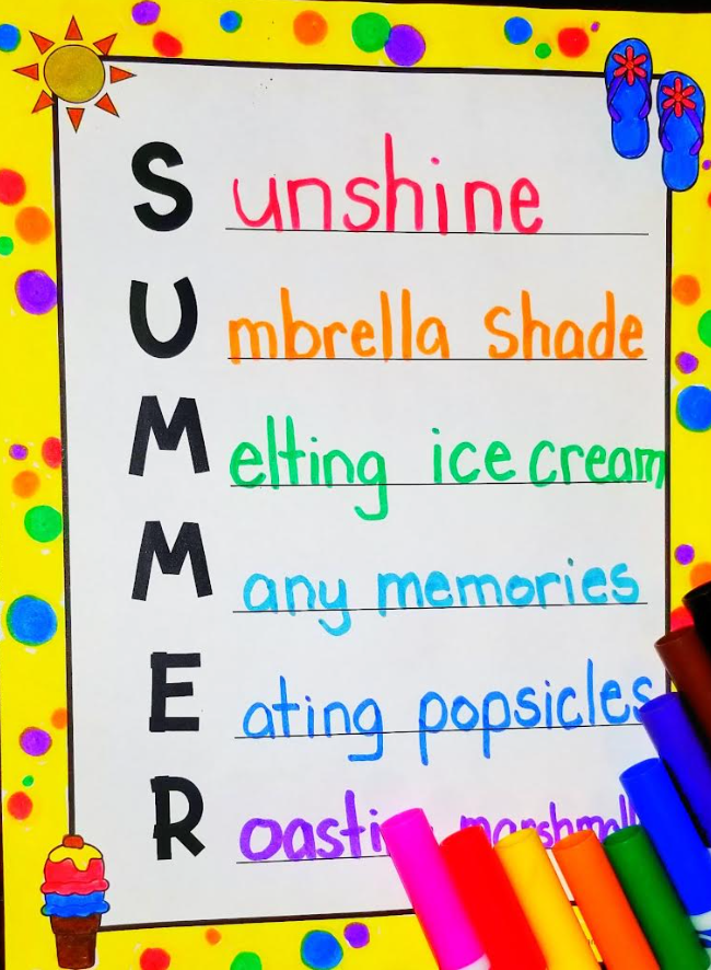acrostic poem example. the image shows an acrostic poem for the word SUMMER.
