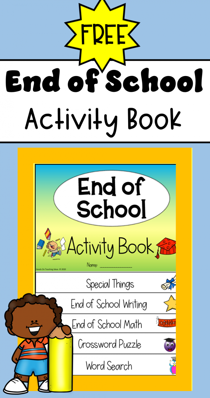 Free end of school activity book shows a pinterest pin.