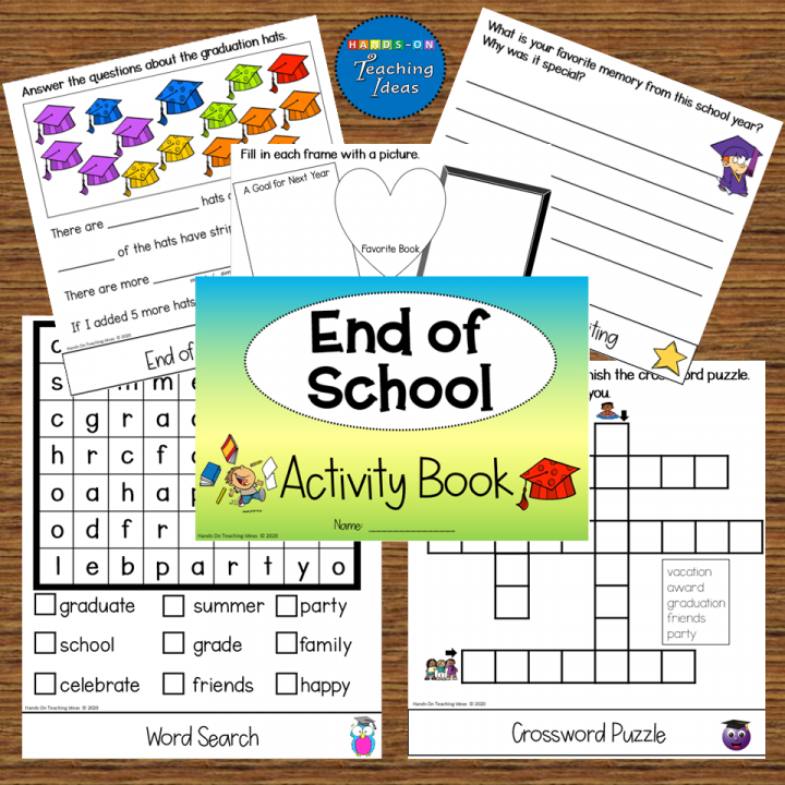 free end of school activity book shows the five pages and cover included in the flipbook.