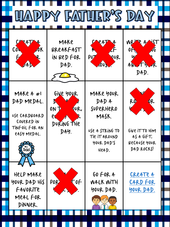 Free Fathers day choice board shows a blue choice board with six squares checked off.