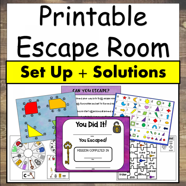 printable escape room game shows a box to click for printable instructions and solutions.