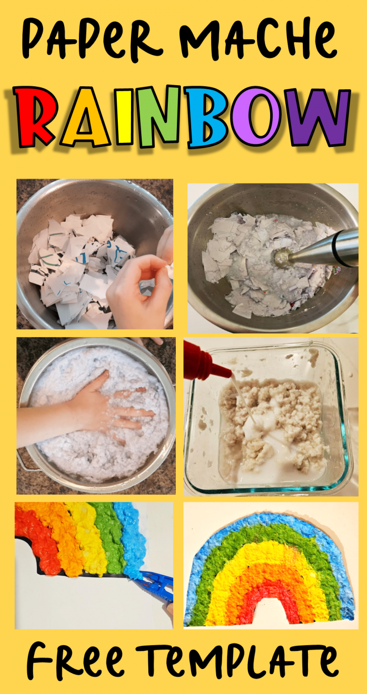 free rainbow paper mache art template shows a Pinterest pin.