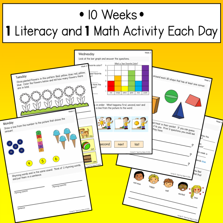 summer review packet shows four pages from the resource that describes how the pages are outlined for kids to complete.