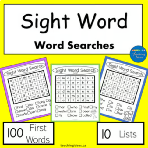 sight word word searches shows the first 3 printable word search lists.