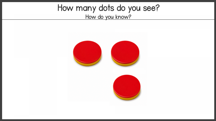 number activities for kids shows a page with three red counters and the questions, "How many dots do you see? How do you know?.