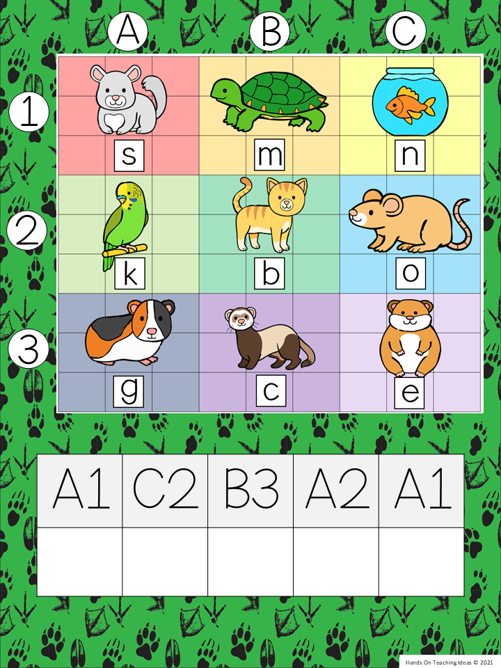 animal game for kids shows a printed page with a grid and animals in each grid.