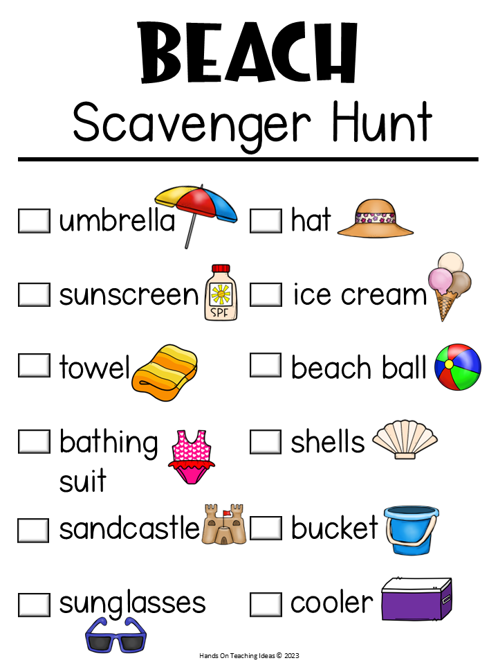 summer activity for kids shows a printable hunt for kids to do at the beach.