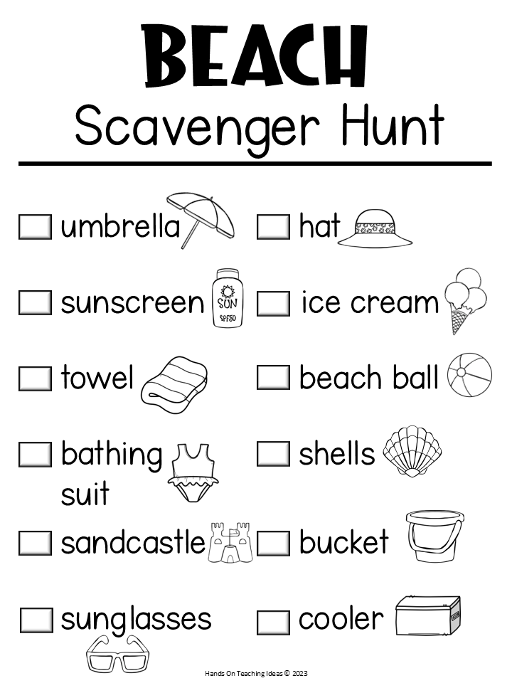 free beach scavenger hunt for kids the image shows a black and white copy of the printable scavenger hunt.