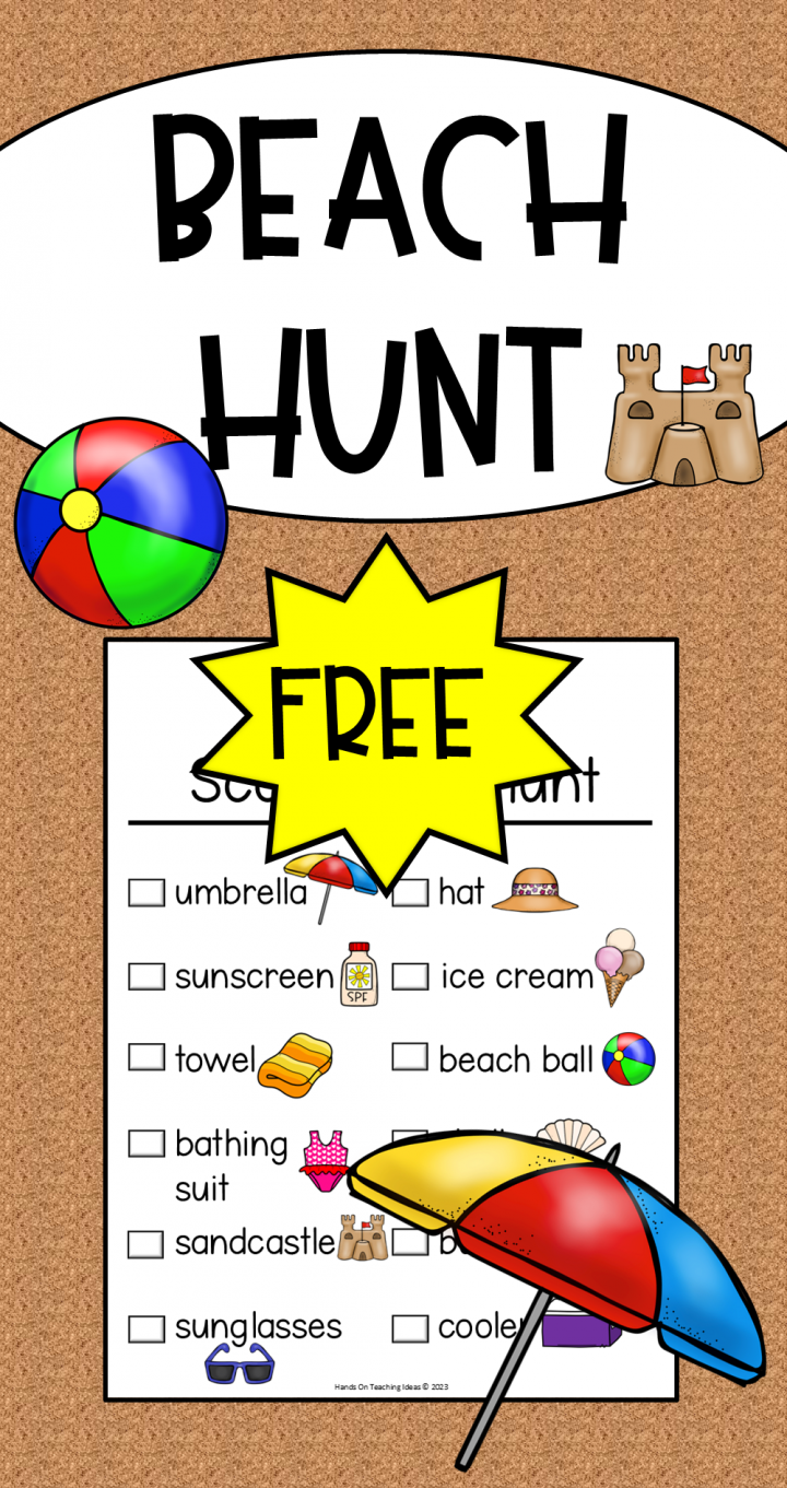 free beach scavenger hunt for kids shows a pinterest pin.