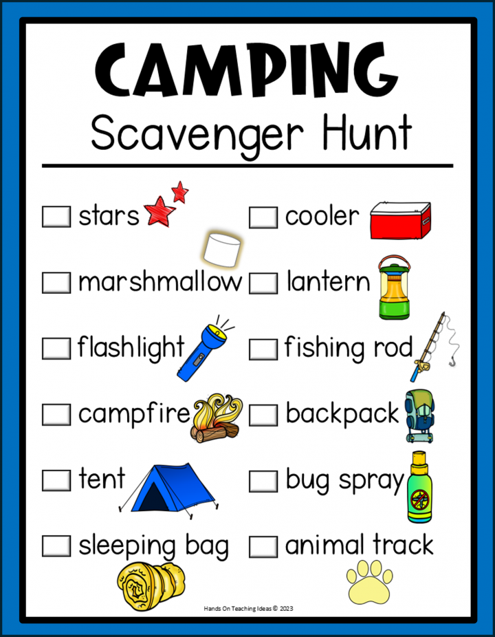 free camping scavenger hunt shows a list style page with camping themed items to be found.