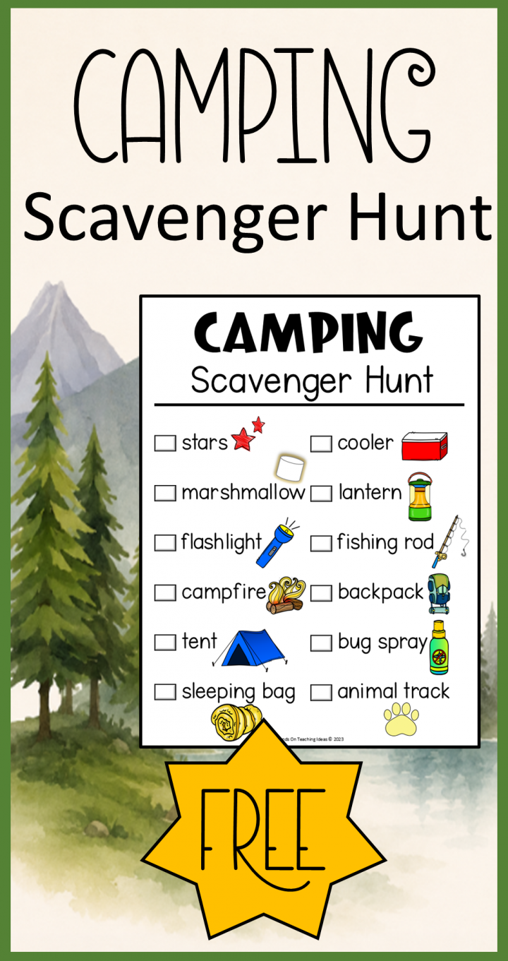 free camping scavenger hunt shows a pinterest pin.