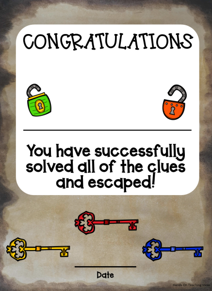 free escape room completion certificate shows an aged looking page that can be filled out when people win the game.