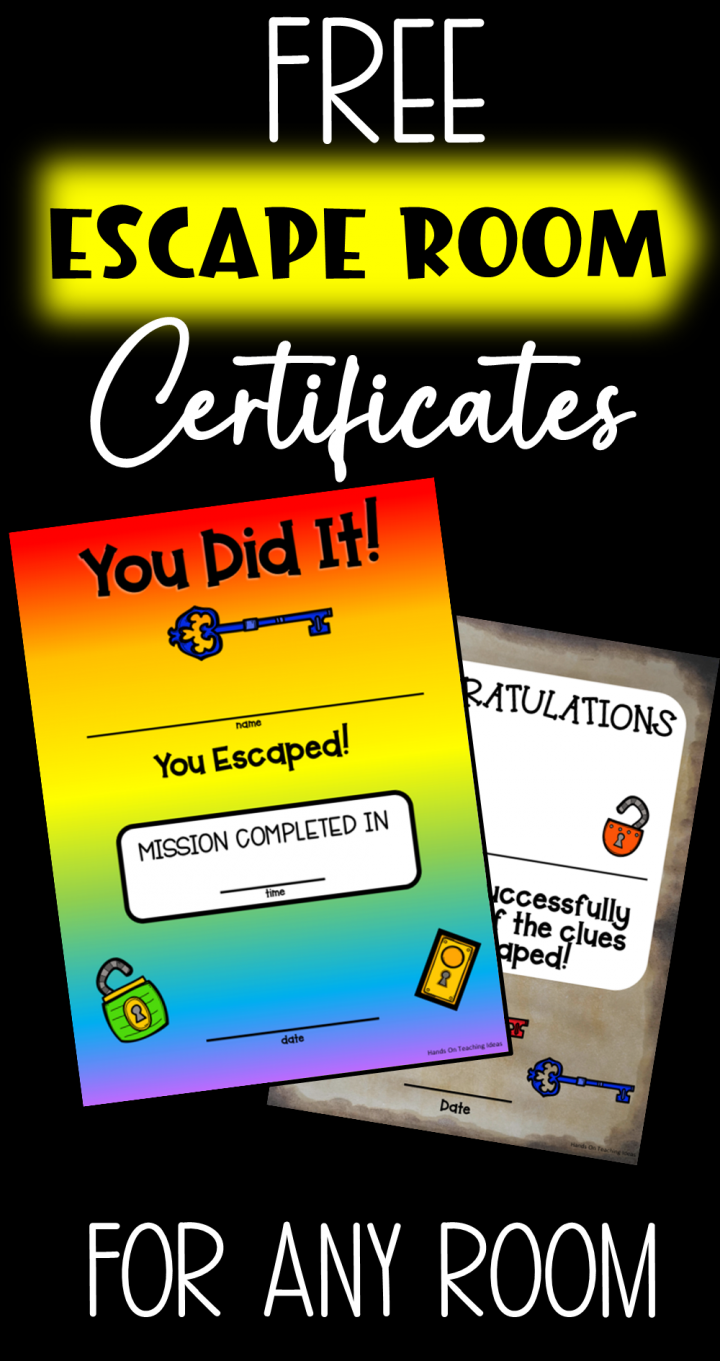 free escape room completion certificate shows a pinterest pin.