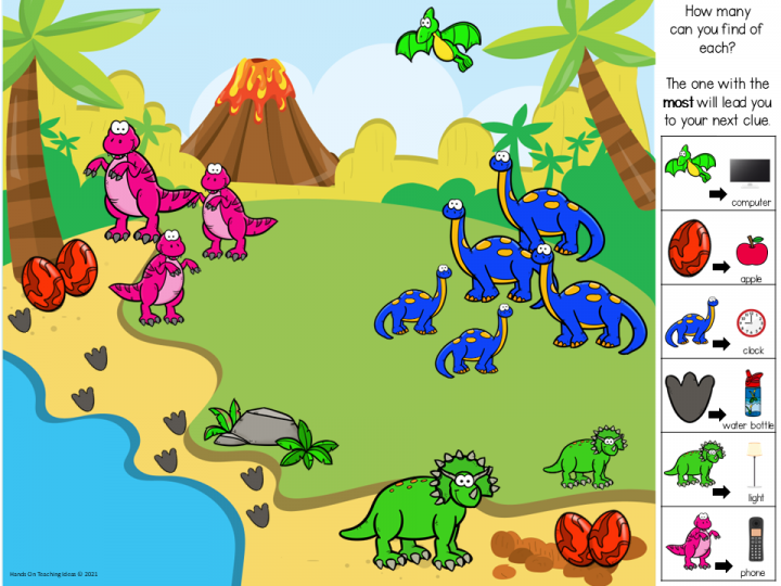 dinosaur escape room themes shows a printed puzzle with a bunch of dinosaurs on it.