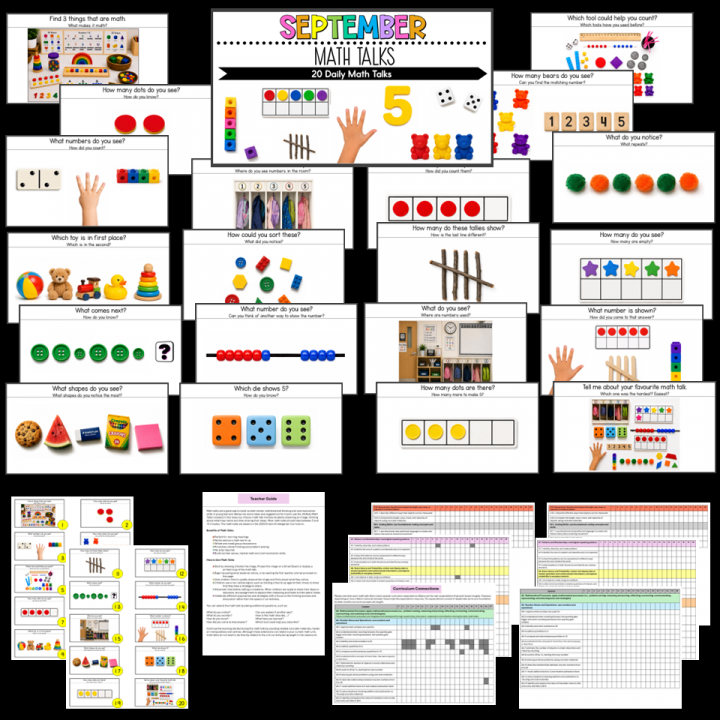 best math talks for kindergarten and preschool shows a page with all of the math talk images.