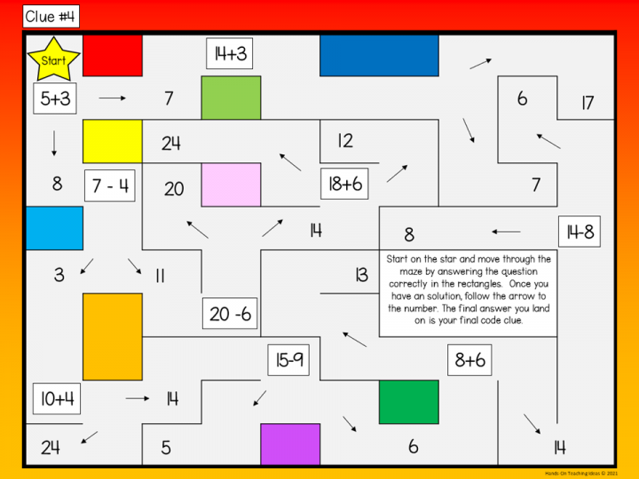 math game for kids shows a printed puzzle maze that has math questions for kids to solve.