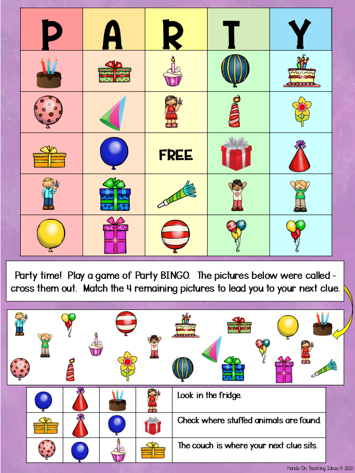 party escape room game shows a printed grid with clues to figure out which of the images to focus on.