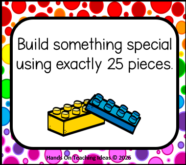 building activity for kids shows a card that tells kids to "Build something special using exactly 25 pieces."