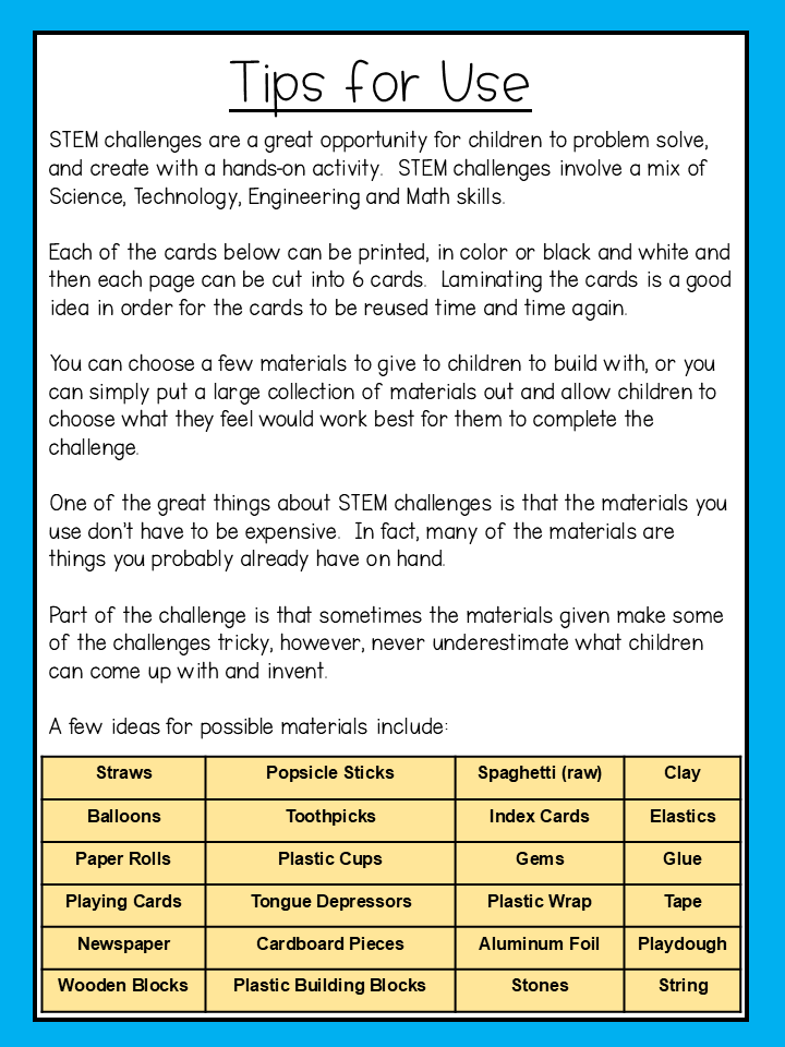 stem activities for kids shows a tips for use page that can be printed.
