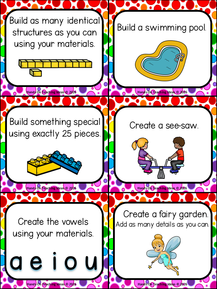 best STEM challenge cards shows six cards on a page each with a different challenge, like "build a swimming pool".