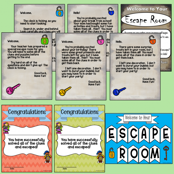 escape room starter kit shows nine pages in a collage to show the pages included in the resource.