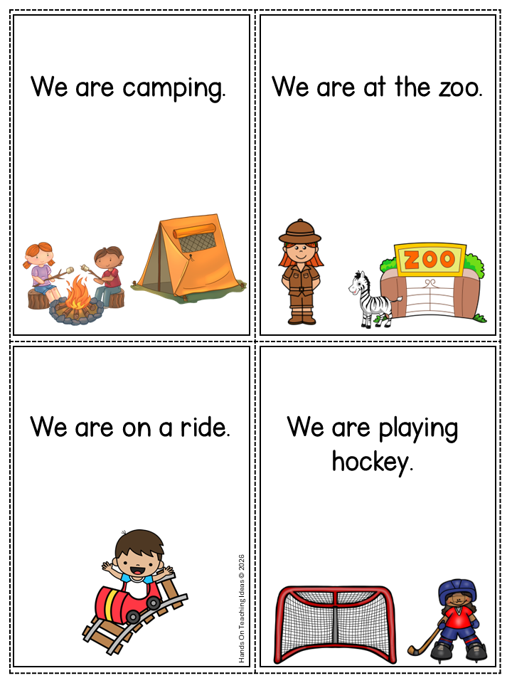 free drama games for kids shows a card that shows camping, zoo, ride and hockey as activities to do.