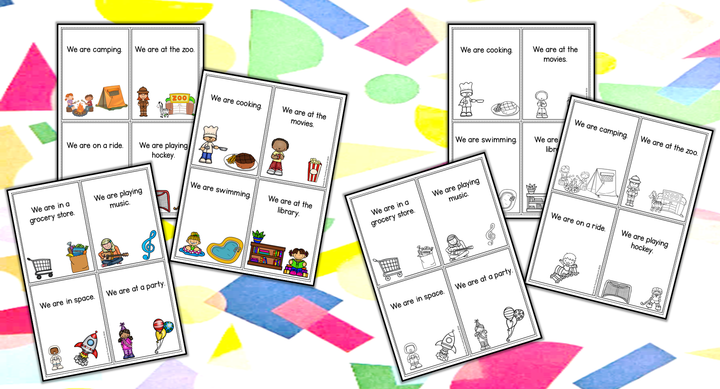 acting lesson shows six cards for an activity for kids.