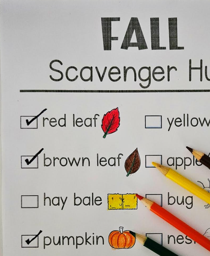 free fall scavenger hunt shows a printed copy of the hunt and a few of the items checked off.
