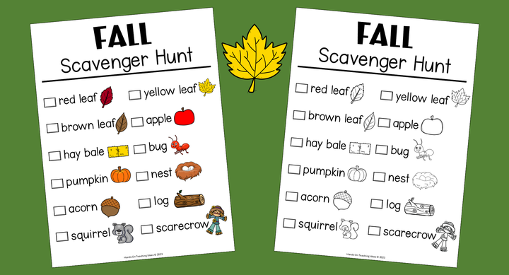 autumn activity for kids shows a color and black and white copy of the printable scavenger hunt pages.