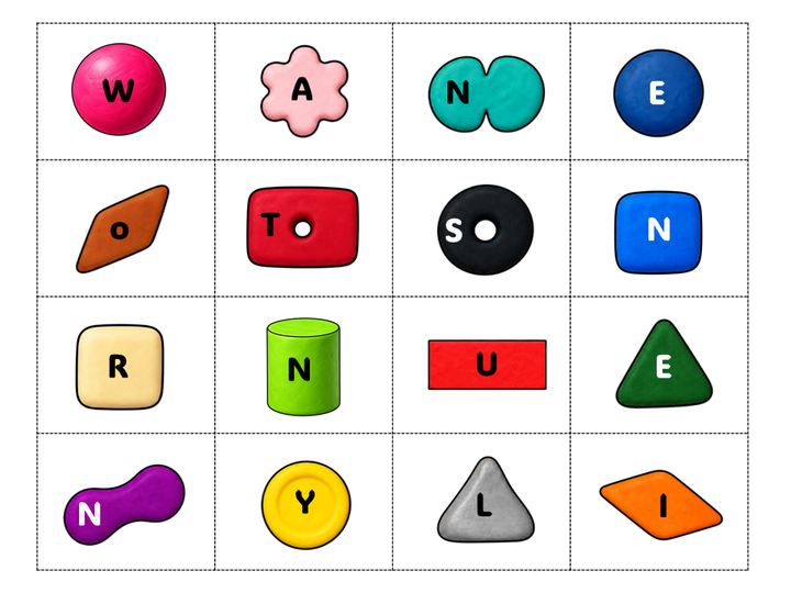 problem solving activity for kids shows a grid with sixteen shapes each with a letter on each shape.