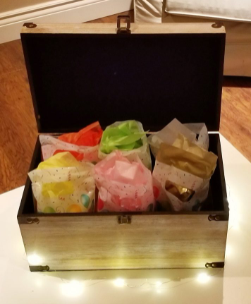 birthday year round escape room ideas shows a treasure chest with grab bags inside.