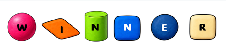 escape room for kids shows six shapes, each with a letter spelling out WINNER.