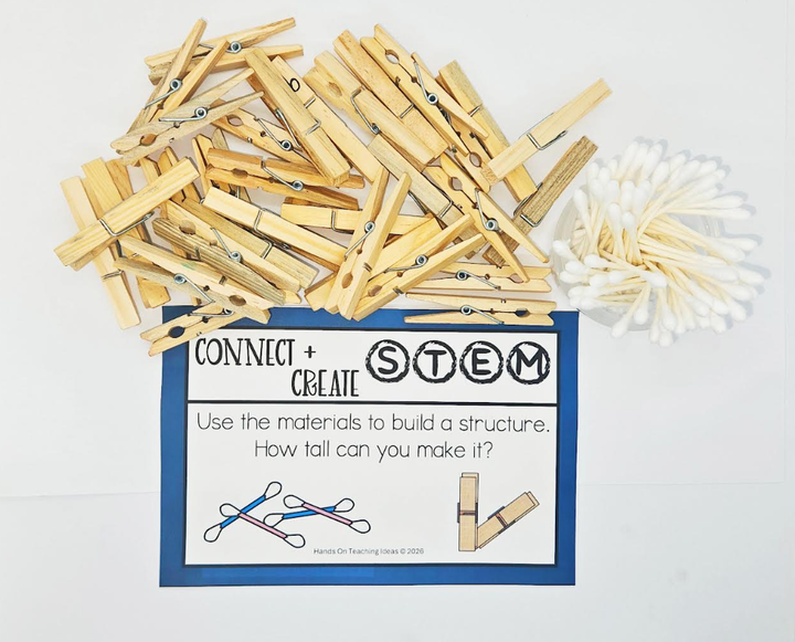 hands on activity for kids shows a task card and clothes pins and cotton swabs.