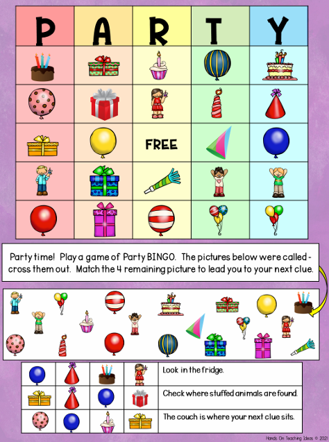 birthday printable puzzle shows a grid with pictures for kids to solve.